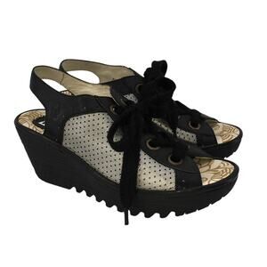 Fly London Yuta Leather Platform Wedge Sandal Womens 37 6-6.5 Pewter Black Lug